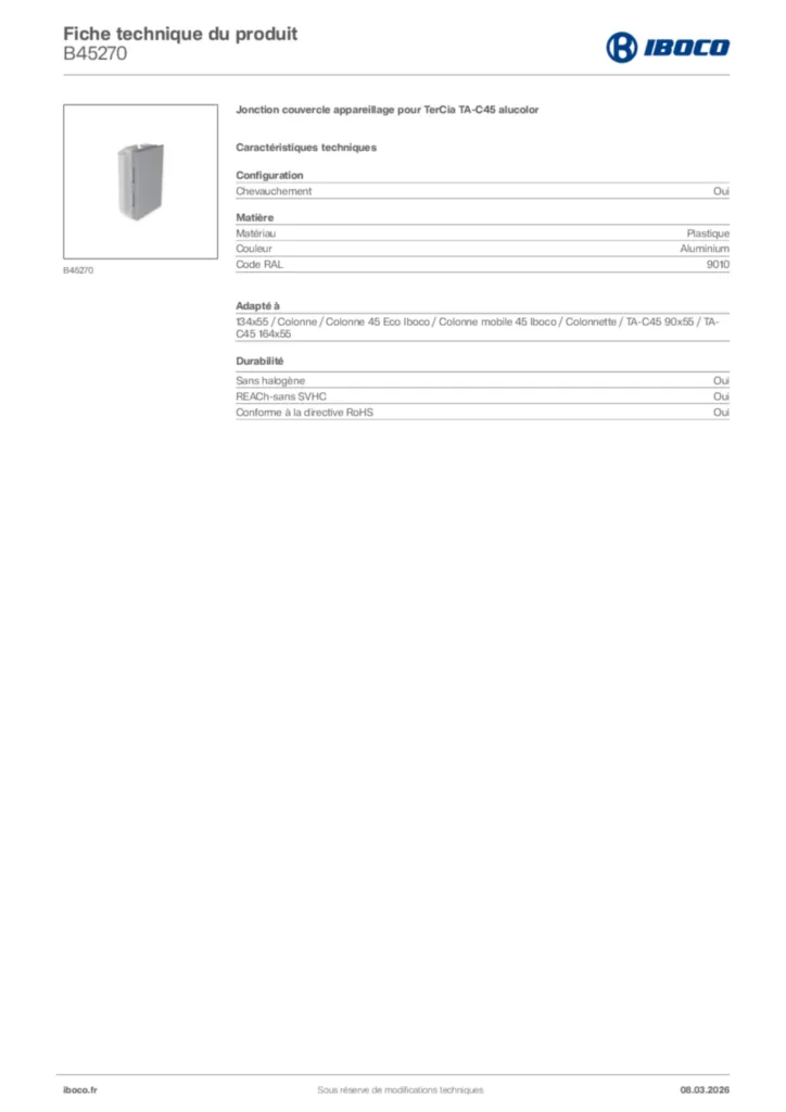 Image Iboco Fiche technique du produit B45270 | Hager France