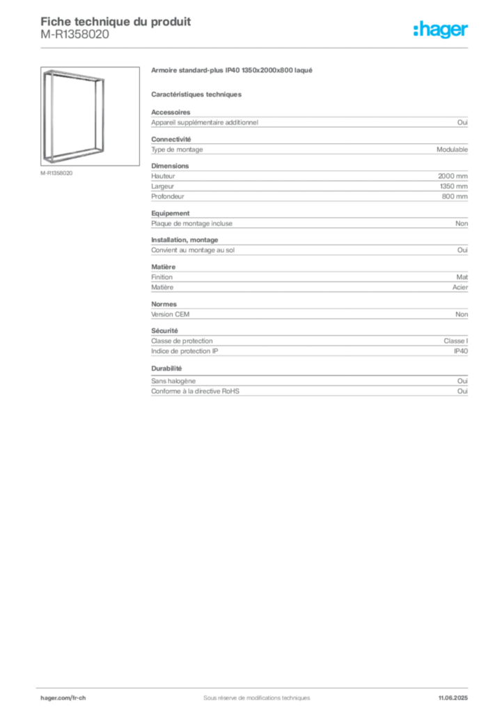 Image Hager Fiche technique du produit M-R1358020 | Hager Suisse