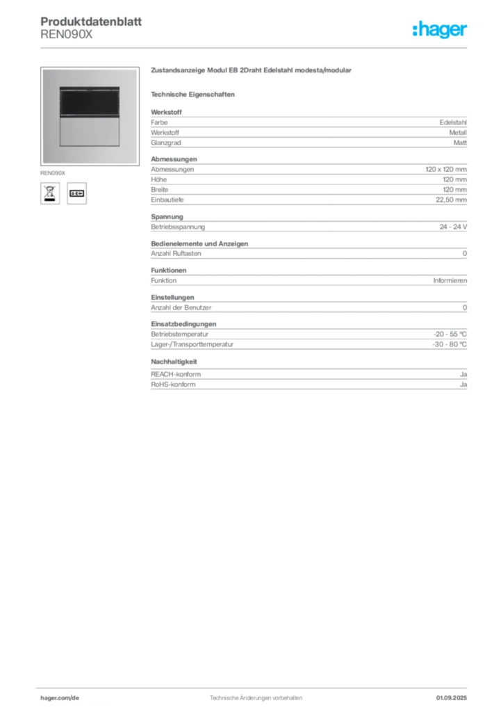 Bild Hager Produktdatenblatt REN090X | Hager Deutschland