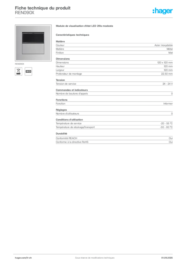 Image Hager Fiche technique du produit REN090X | Hager Suisse