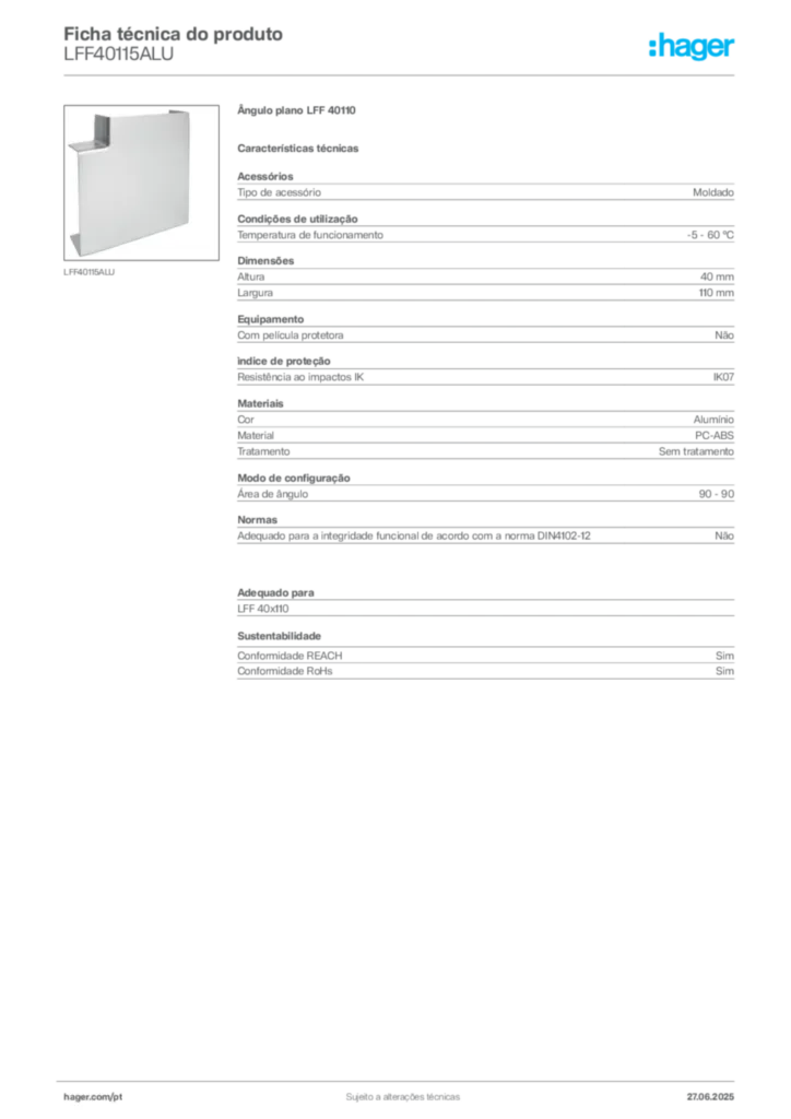 Imagem Hager Ficha técnica do produto LFF40115ALU | Hager Portugal