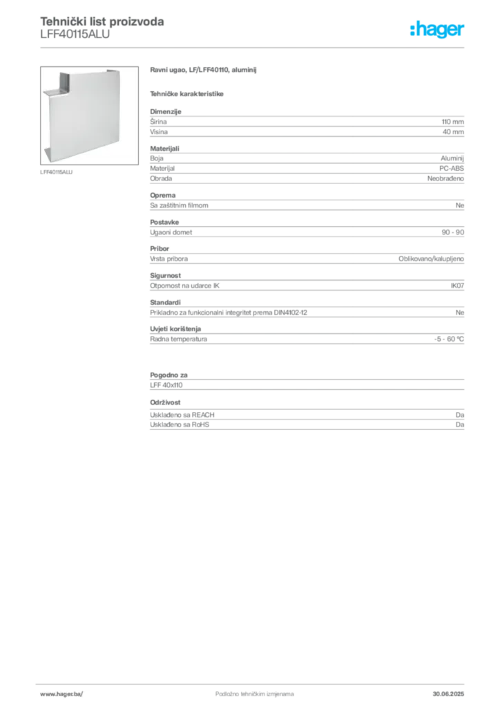 Slika Hager Product data sheet LFF40115ALU  | Hager