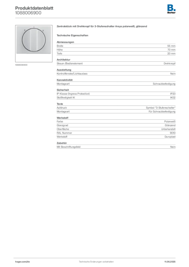 Bild Berker Produktdatenblatt 1088006900 | Hager Deutschland