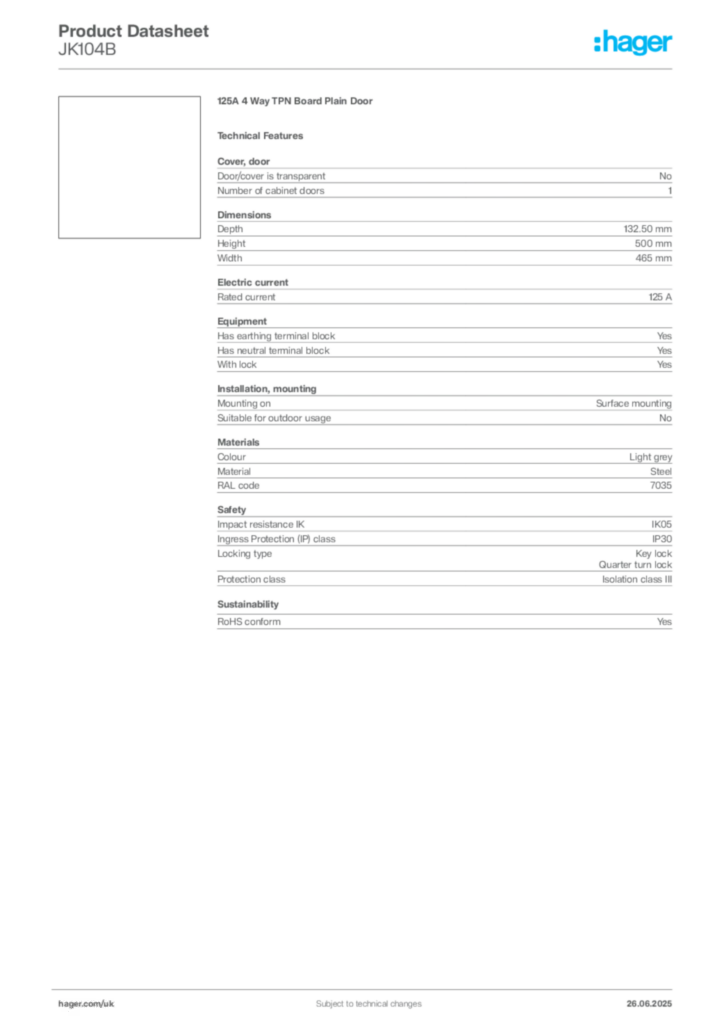 Image Hager Product data sheet JK104B  | Hager