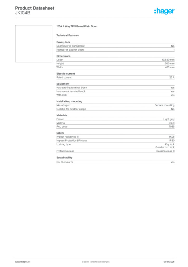 Image Hager Product data sheet JK104B  | Hager