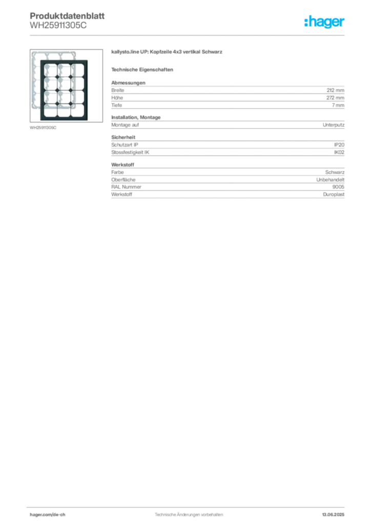 Bild Hager Produktdatenblatt WH25911305C | Hager Schweiz