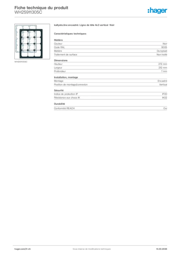Image Hager Fiche technique du produit WH25911305C | Hager Suisse