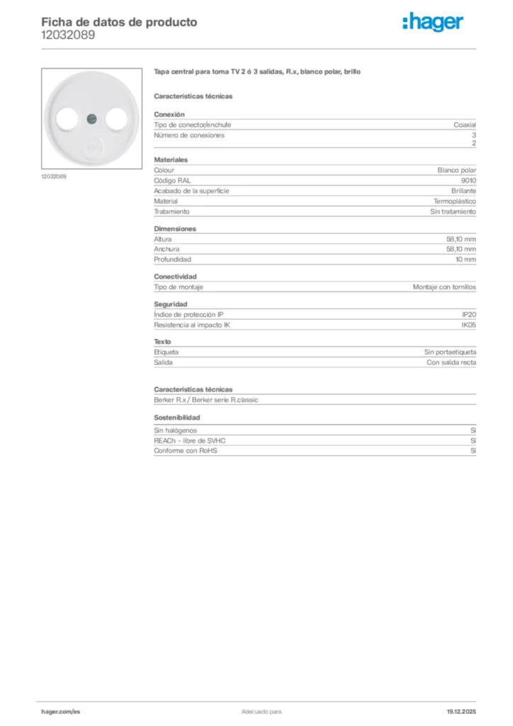 Imagen Hager Ficha de datos de producto 12032089 | Hager España