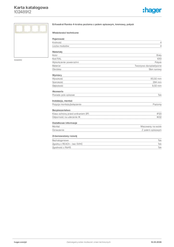 Zdjęcie Hager Karta katalogowa 10248912 | Hager Polska