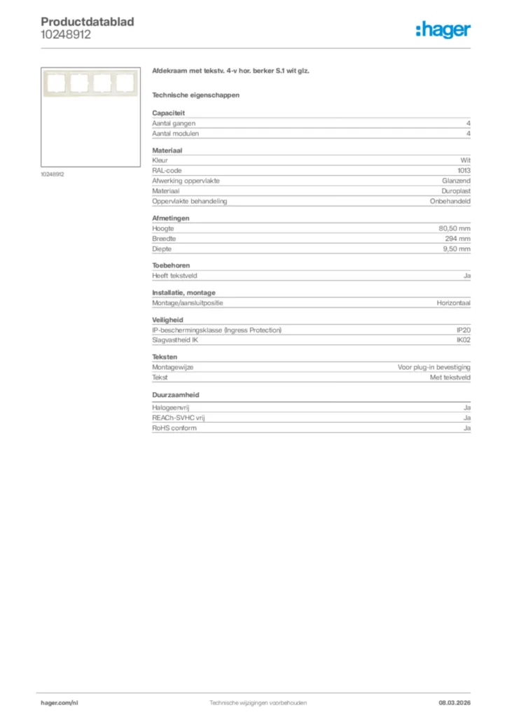 Afbeelding Hager Productdatablad 10248912 | Hager Nederland