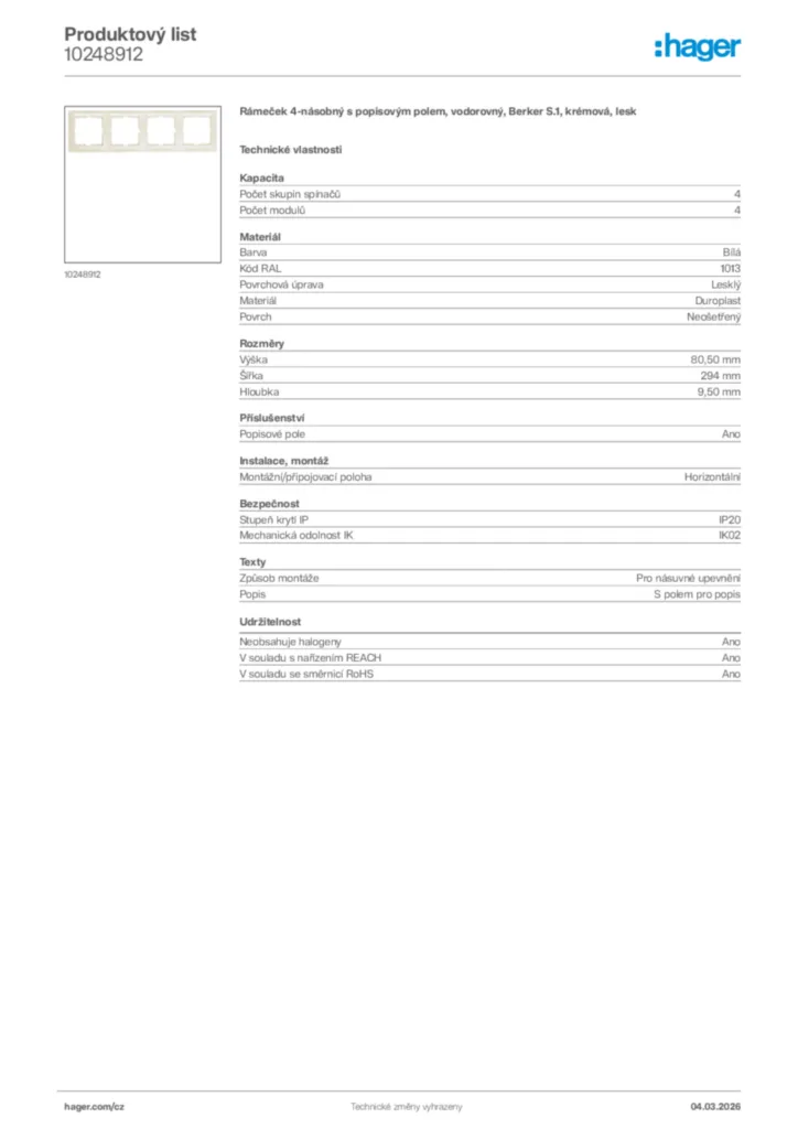Obrázek Hager Product data sheet 10248912 | Hager
