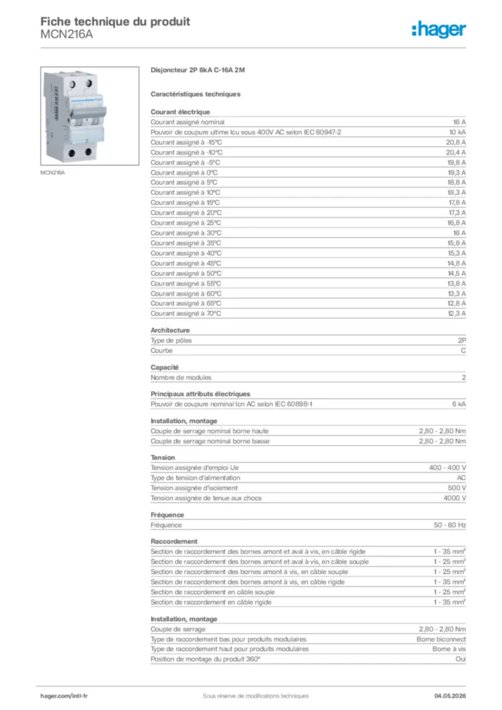 Image Hager Fiche technique du produit MCN216A | Hager Afrique