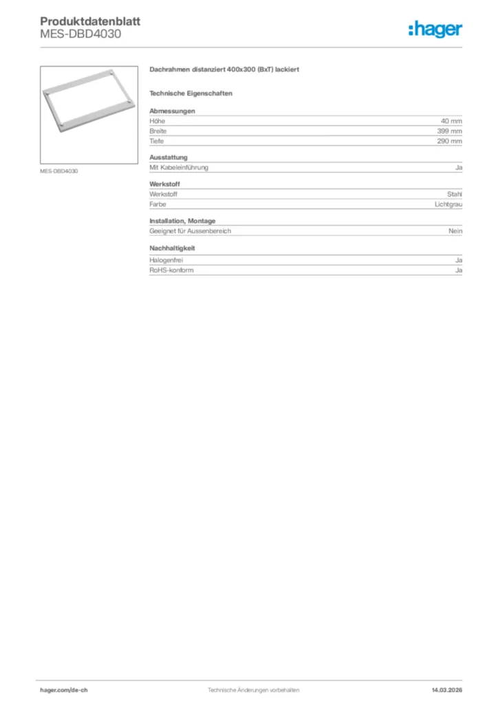 Bild Hager Produktdatenblatt MES-DBD4030 | Hager Schweiz