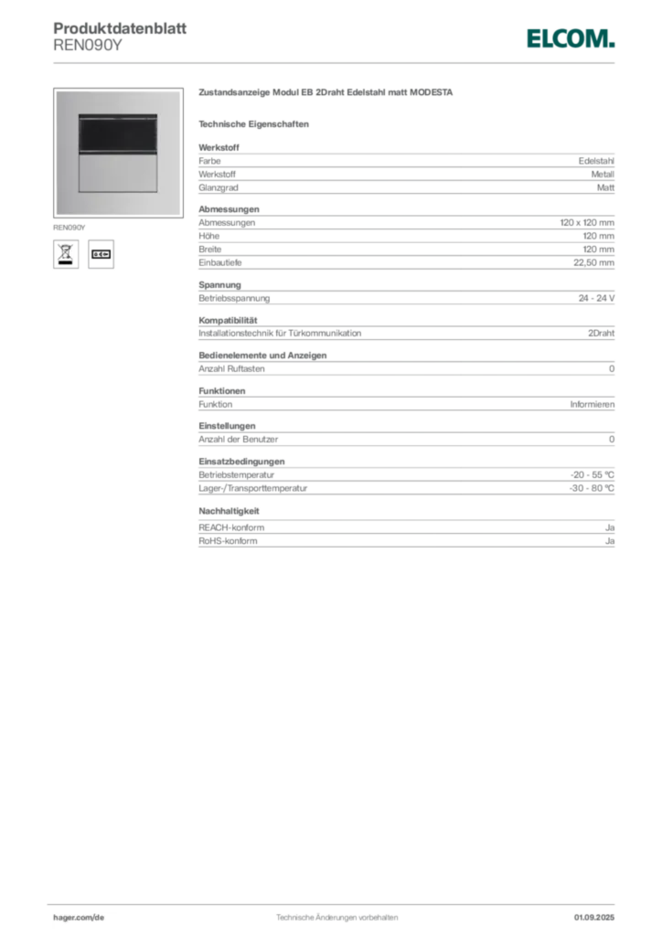 Bild Elcom Produktdatenblatt REN090Y | Hager Deutschland