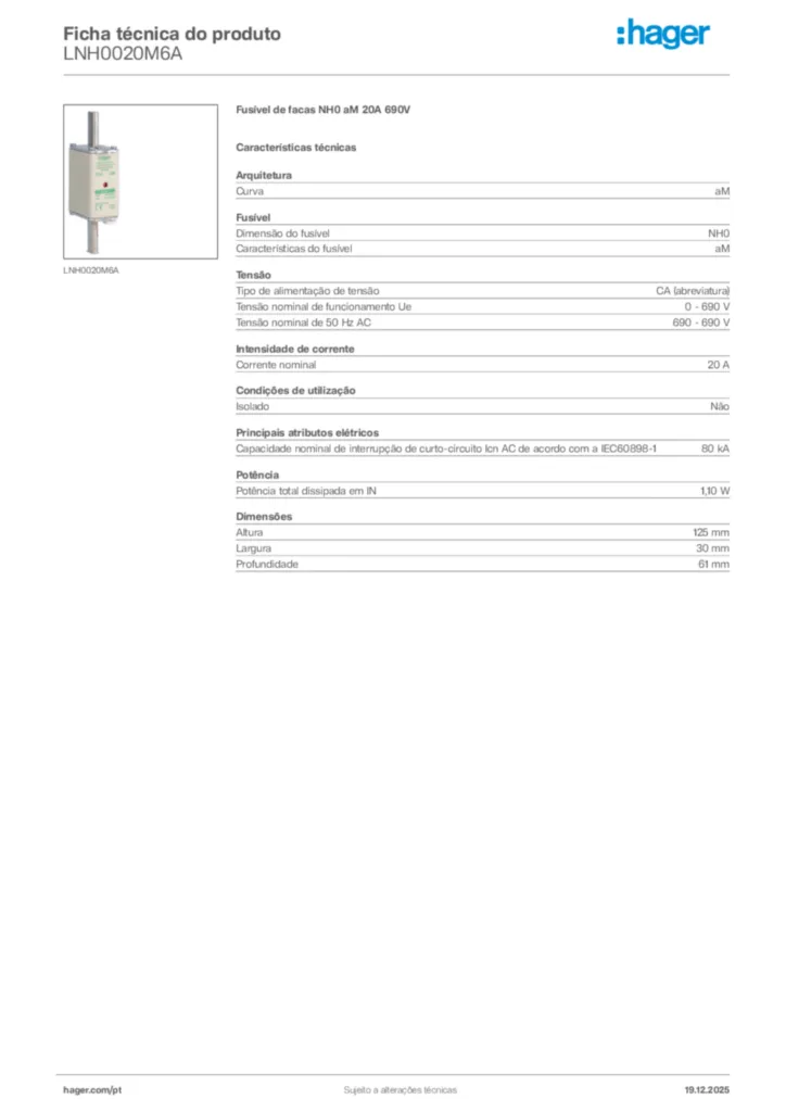 Imagem Hager Ficha técnica do produto LNH0020M6A | Hager Portugal