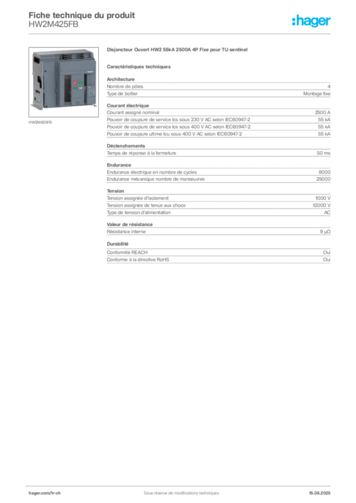 Image Hager Fiche technique du produit HW2M425FB | Hager Suisse