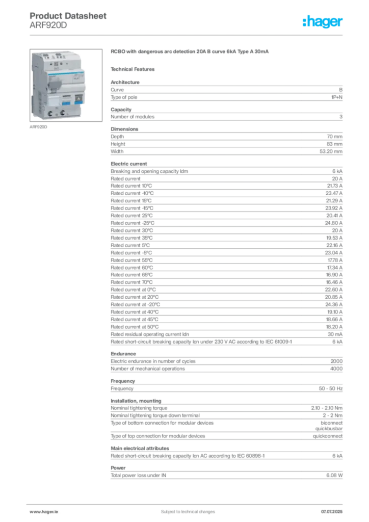 Image Hager Product data sheet ARF920D  | Hager