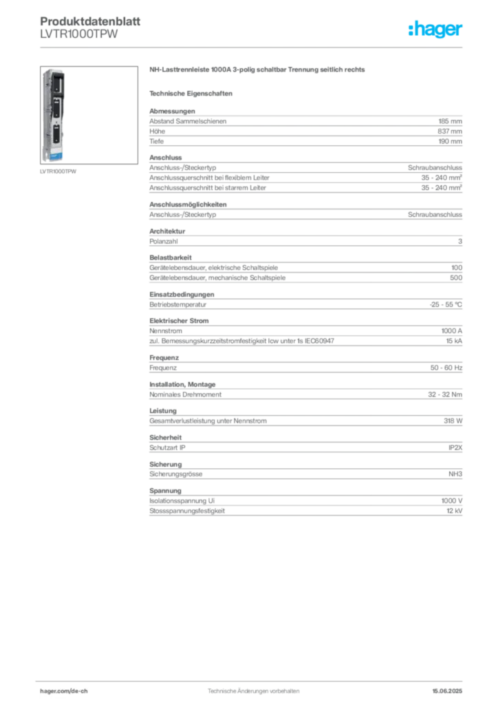 Bild Hager Produktdatenblatt LVTR1000TPW | Hager Schweiz