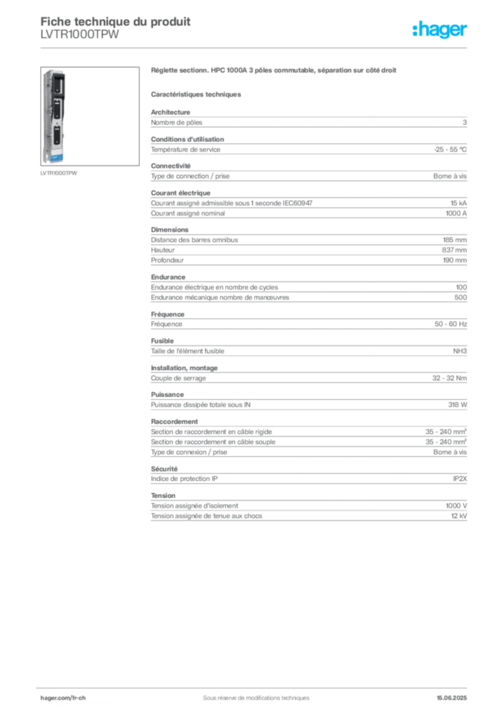 Image Hager Fiche technique du produit LVTR1000TPW | Hager Suisse