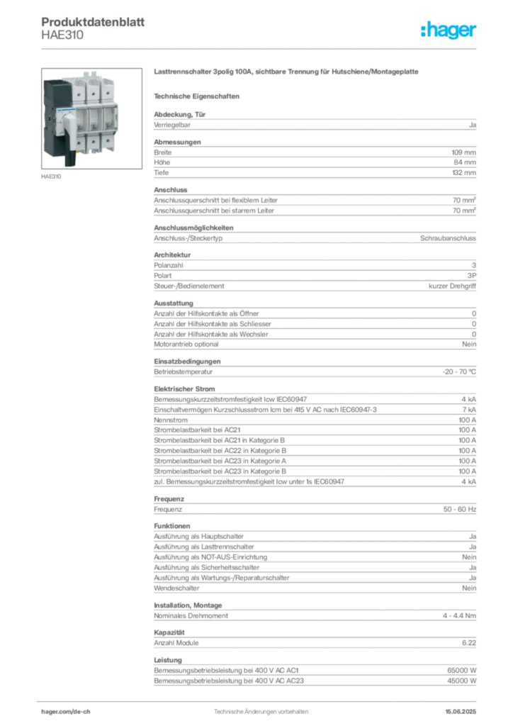 Bild Hager Produktdatenblatt HAE310 | Hager Schweiz