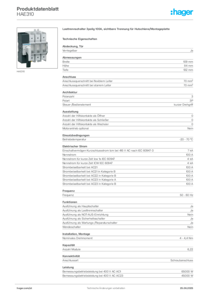 Bild Hager Produktdatenblatt HAE310 | Hager Deutschland