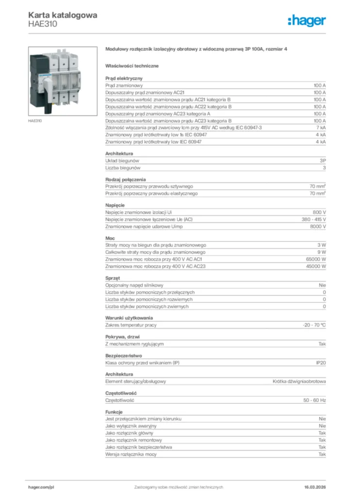 Zdjęcie Hager Karta katalogowa HAE310 | Hager Polska