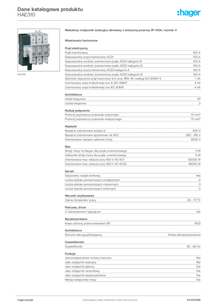 Zdjęcie Hager Karta katalogowa HAE310 | Hager Polska