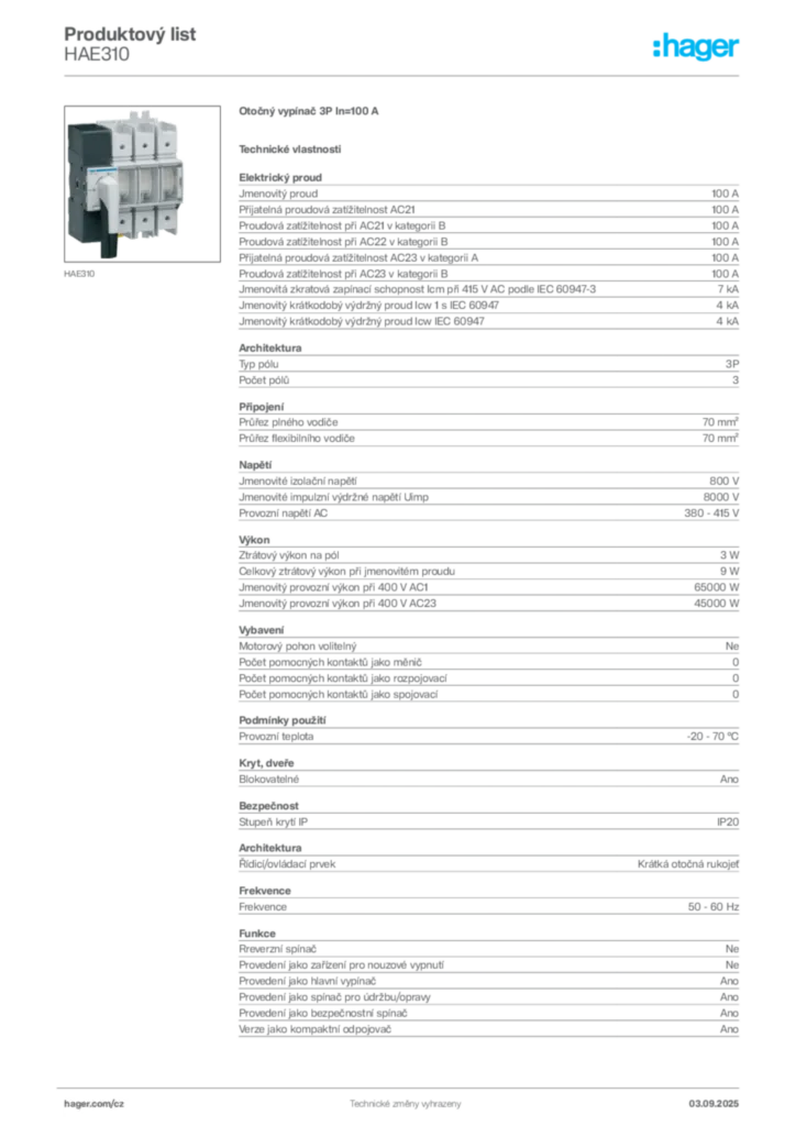 Obrázek Hager Produktový list HAE310 | Hager