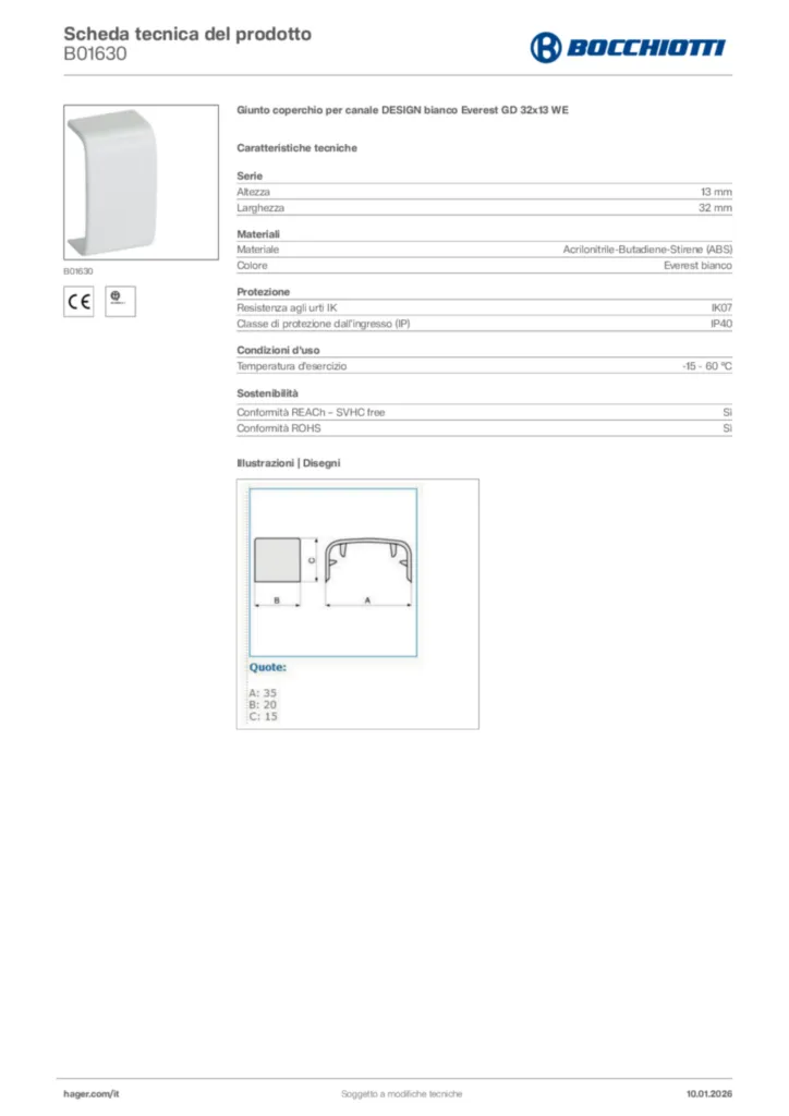 Immagine Bocchiotti Scheda tecnica del prodotto B01630 | Hager Italia