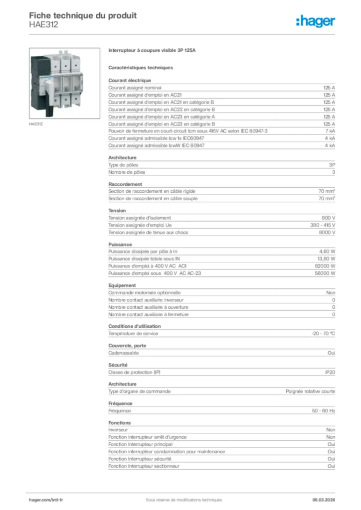 Image Hager Fiche technique du produit HAE312 | Hager Afrique