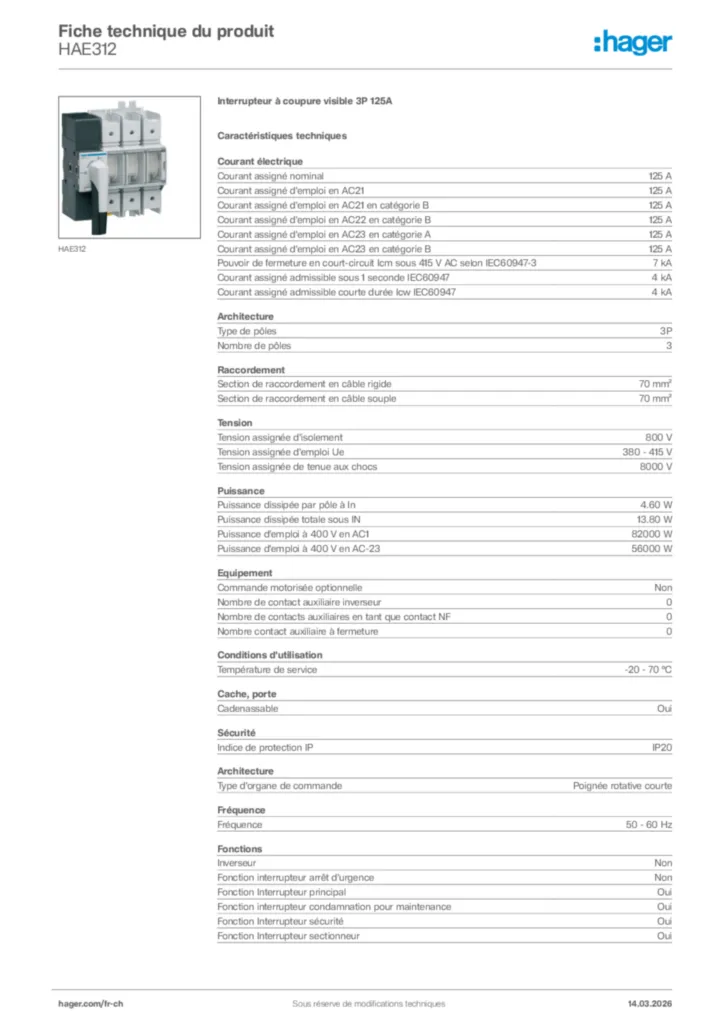 Image Hager Fiche technique du produit HAE312 | Hager Suisse