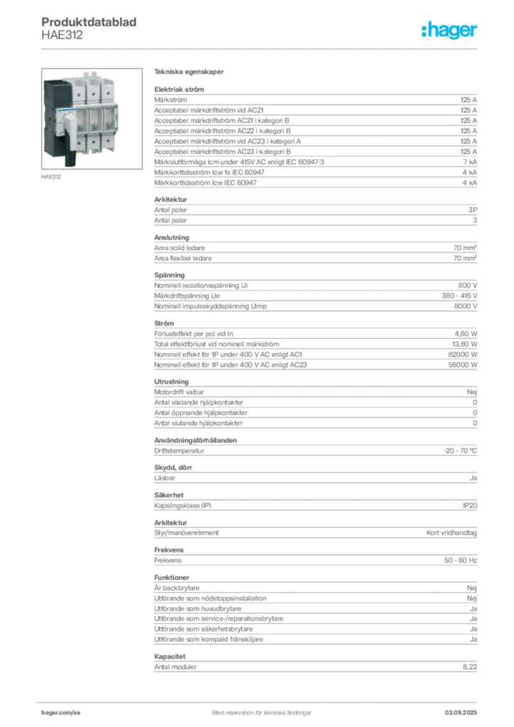 Bild Hager Produktdatablad HAE312 | Hager Sverige