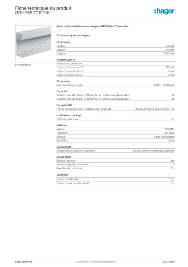 Image Hager Fiche technique du produit BRHP6517019016 | Hager Belgique