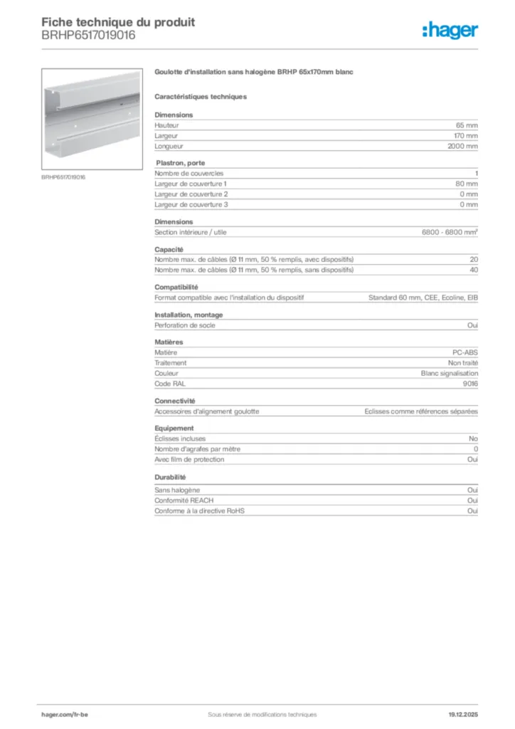 Image Hager Fiche technique du produit BRHP6517019016 | Hager Belgique