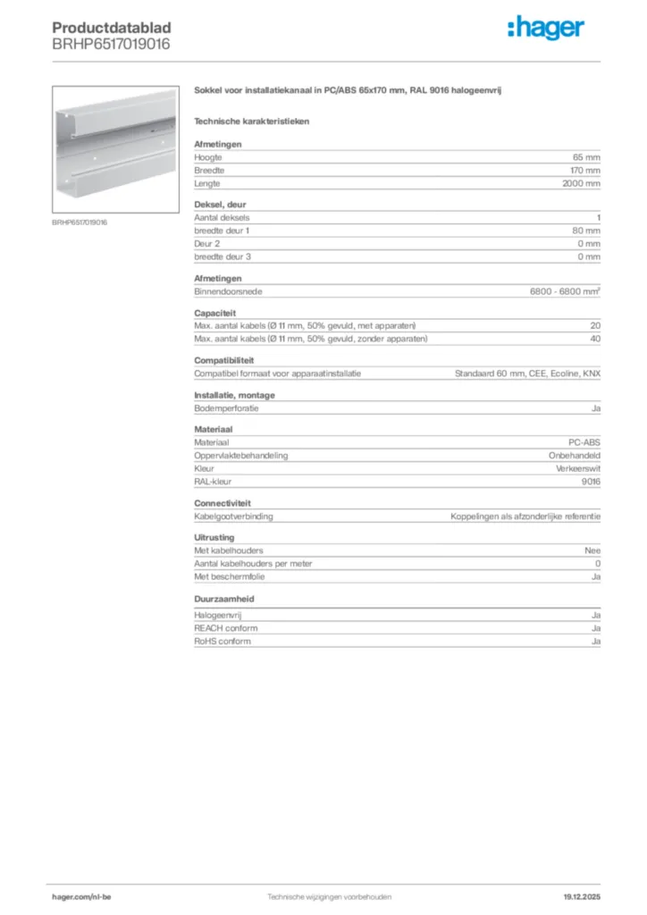 Afbeelding Hager Productdatablad BRHP6517019016 | Hager Belgium