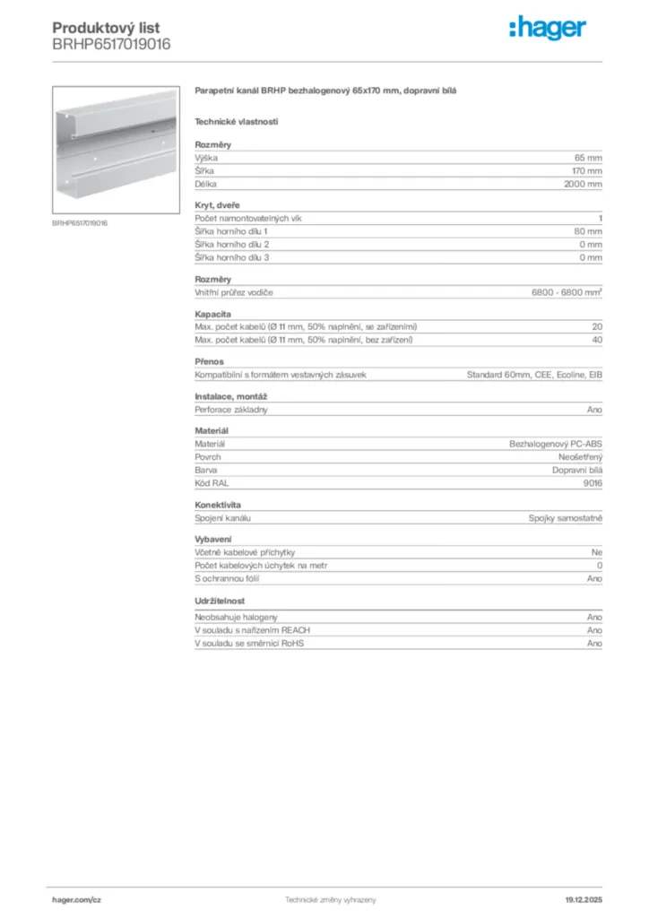 Obrázek Hager Produktový list BRHP6517019016 | Hager