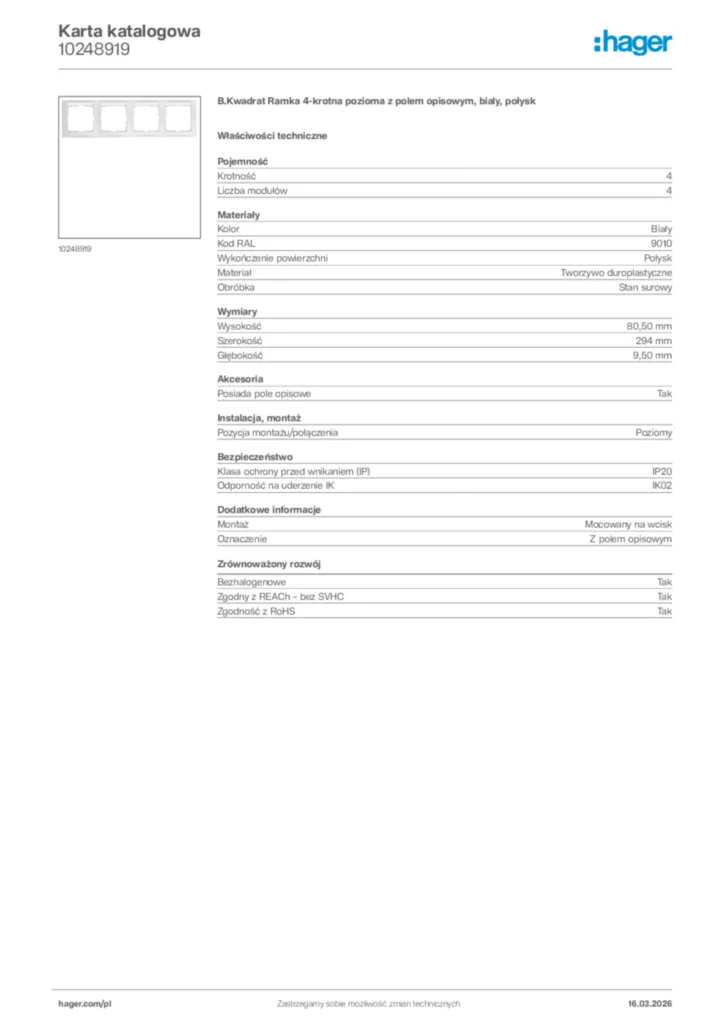 Zdjęcie Hager Karta katalogowa 10248919 | Hager Polska