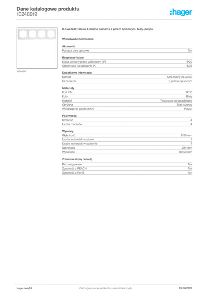 Zdjęcie Hager Karta katalogowa 10248919 | Hager Polska