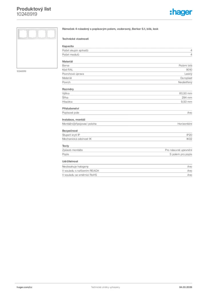 Obrázek Hager Product data sheet 10248919 | Hager