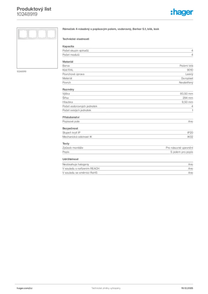 Obrázek Hager Produktový list 10248919 | Hager
