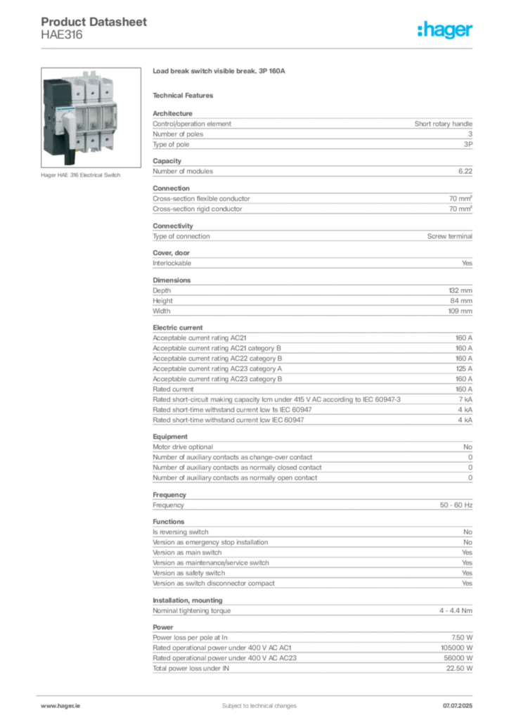 Image Hager Product data sheet HAE316  | Hager