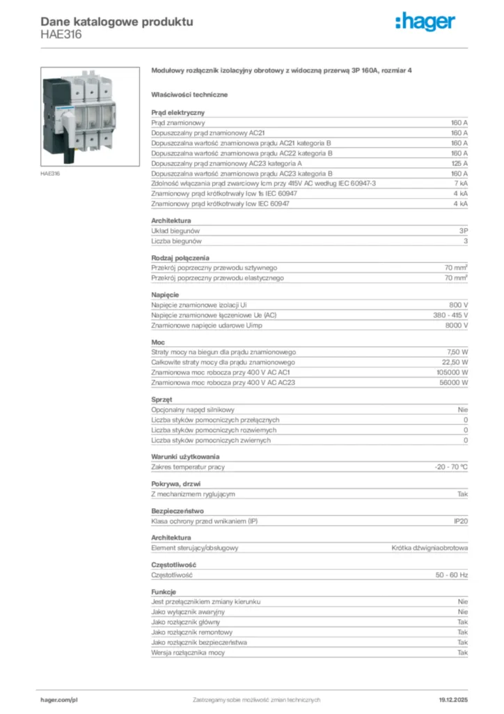 Zdjęcie Hager Karta katalogowa HAE316 | Hager Polska
