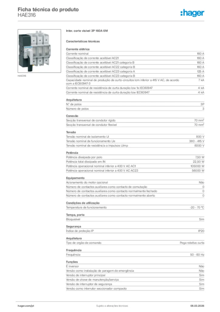 Imagem Hager Ficha técnica do produto HAE316 | Hager Portugal