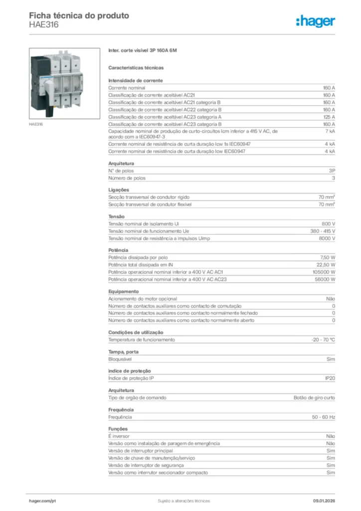 Imagem Hager Ficha técnica do produto HAE316 | Hager Portugal