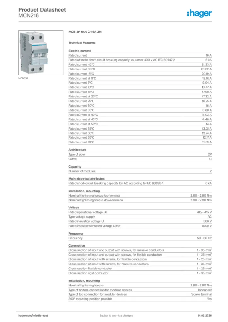 Image Hager Product data sheet MCN216  | Hager