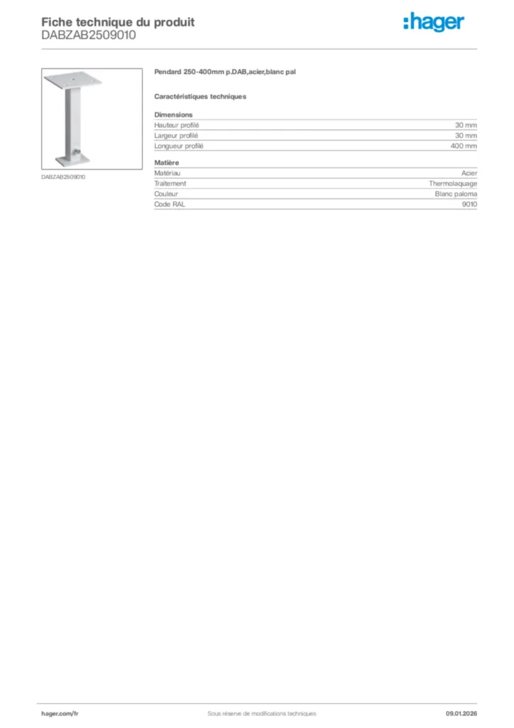 Image Hager Fiche technique du produit DABZAB2509010 | Hager France