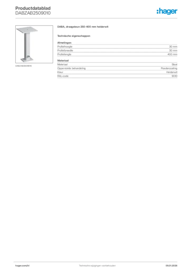 Afbeelding Hager Productdatablad DABZAB2509010 | Hager Nederland