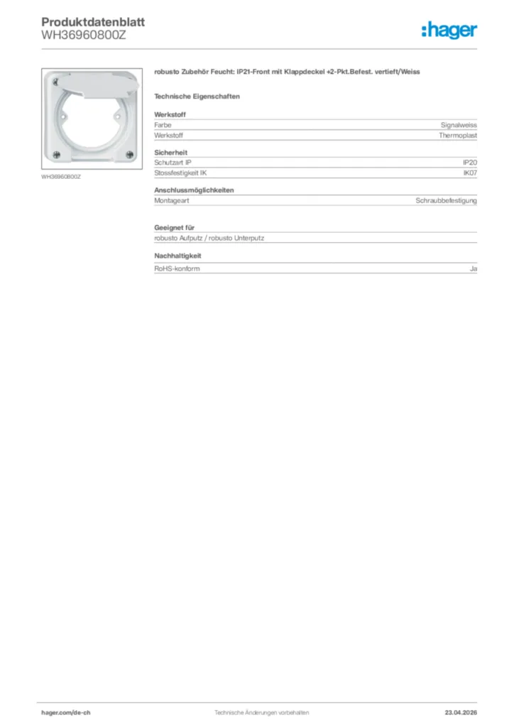 Bild Hager Produktdatenblatt WH36960800Z | Hager Schweiz