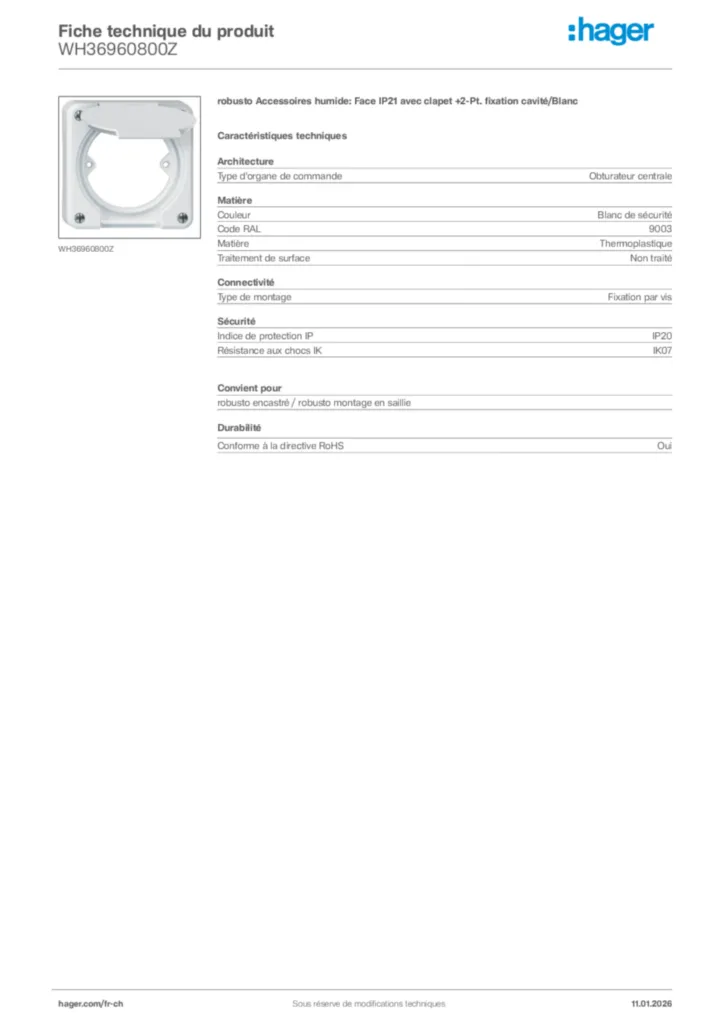 Image Hager Fiche technique du produit WH36960800Z | Hager Suisse