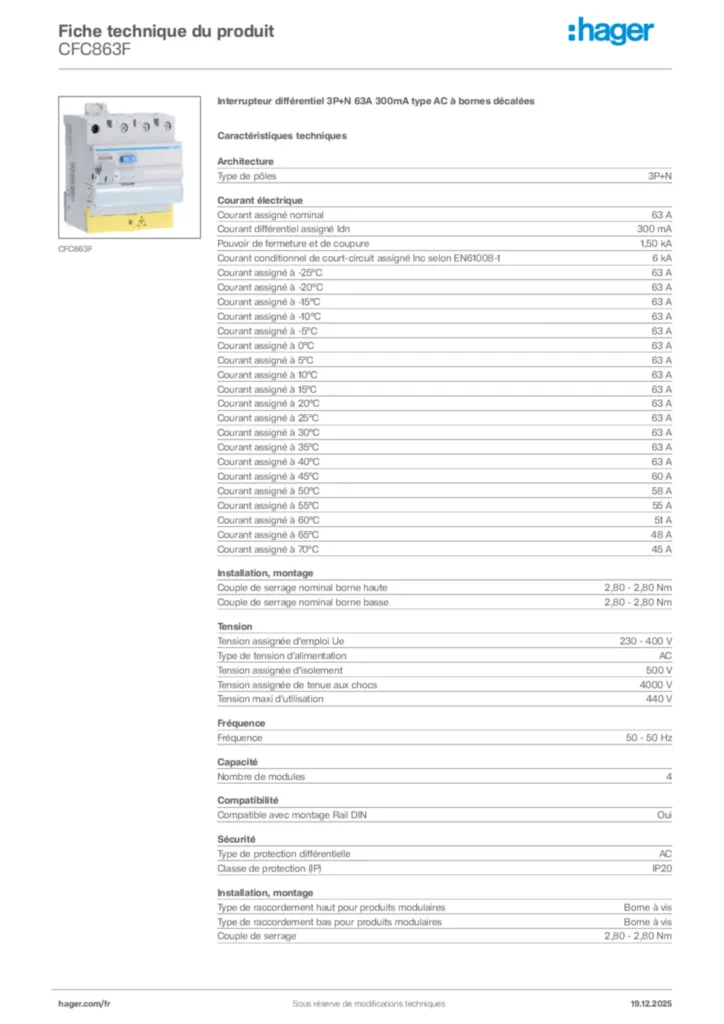 Image Hager Fiche technique du produit CFC863F | Hager France
